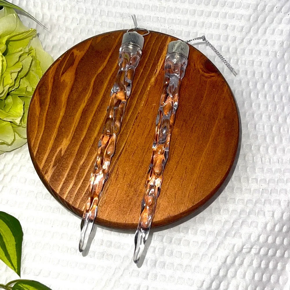 2 VTG Acrylic Plastic Icicle Christmas Ornaments Clear White Iridescent Twist
